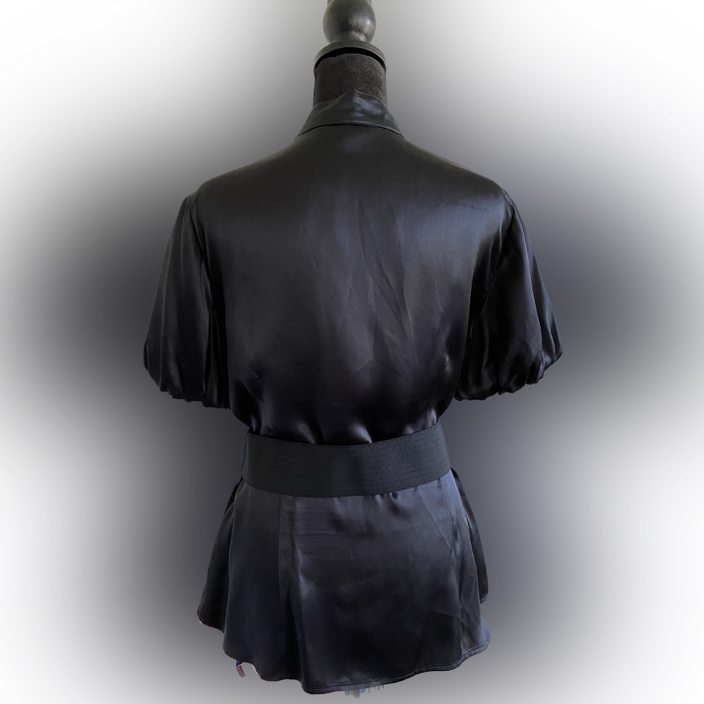 White House Black Market Black Satin Button-Front Blouse with Belt - Picture 2 of 8